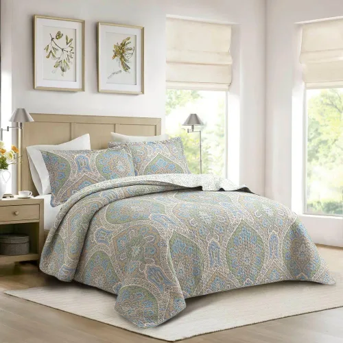 Miniatura 21 de Cozy Line Home Fashions Nina Trista Flowers - Juego de ropa de cama reversible 100% algodón con cinta azul aguamarina, estampado floral gris, colcha
