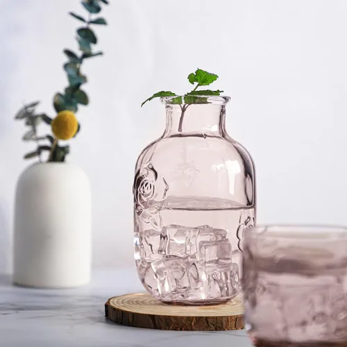 Miniatura 3 de Sizikato Jarra de agua de noche de 15 onzas de cristal rosa en relieve rosa con vaso de cristal. Rosa rosado