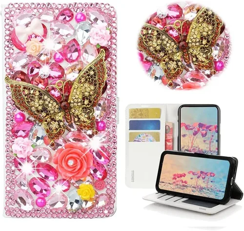 Miniatura 10 de Bling - Funda tipo cartera para teléfono compatible con Samsung Galaxy S22 Ultra, elegante funda de cuero con diseño de flores de mariposa y rosas