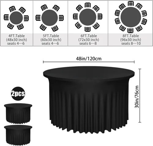 Miniatura 2 de Paquete de 2 faldones de mesa negros de 48 pulgadas de diámetro x 30 pulgadas de alto, se adapta a mesas redondas de 4 pies, manteles redondos