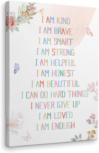 WODMIS Affirmation Wall Decor,I Am Kind Smart Brave Inspirational Framed Canvas Wall Art Decor,Watercolor Wall Decoration for Office Girls Room