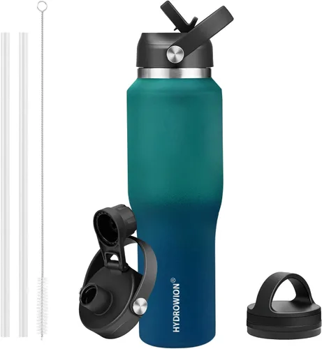 Miniatura 29 de HYDROWION Botella de agua de acero inoxidable, 32 onzas, boca ancha, doble pared, aislada al vacío, con tapa de pajilla, tapa de boquilla y tapa