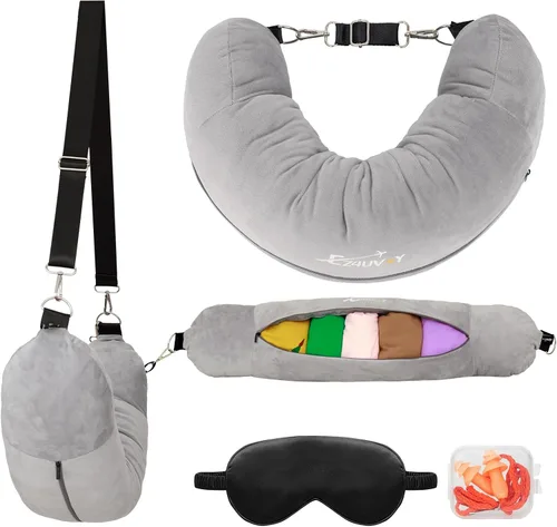 Miniatura 11 de Almohada de viaje para el cuello rellenable con ropa, almohada para el cuello rellenable para viajar, bolsa de almacenamiento rellenable y plegable
