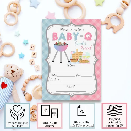 Miniatura 3 de Baby-Q BBQ Gender Reveal Invitaciones – 20 tarjetas temáticas de parrilla y picnic de 5 x 7 pulgadas con sobres, invitaciones de baby shower