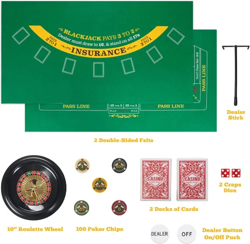 Miniatura 6 de Brybelly Casino Night - Juego completo 4 en 1 con fieltros, rueda, 100 fichas, dados y cartas para blackjack, craps, ruleta y Texas Hold'em - Tapete
