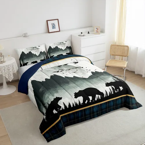 Miniatura 2 de Juego de edredón de oso rústico tamaño individual para mujeres adultas, ropa de cama con estampado de oso salvaje y animales salvajes, relleno