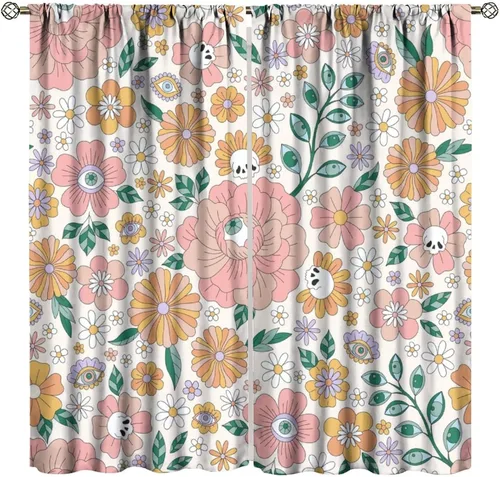 Miniatura 16 de Cortinas estilo retro de los años 60, estilo hippie floral, blanco y naranja, estilo bohemio y moderno, para cocina, dormitorio, decoración