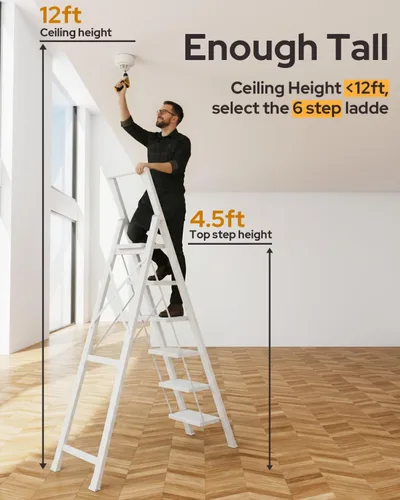 Escalera de 6 escalones para techo de 12 pies de alto, taburete plegable de aluminio ligero con cómodo agarre, escaleras con pedal antideslizante y