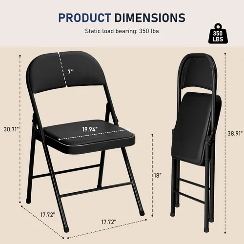Miniatura 3 de Paquete de 4 sillas plegables negras con cojín, silla plegable acolchada con asiento y respaldo de piel sintética, sillas plegables de metal