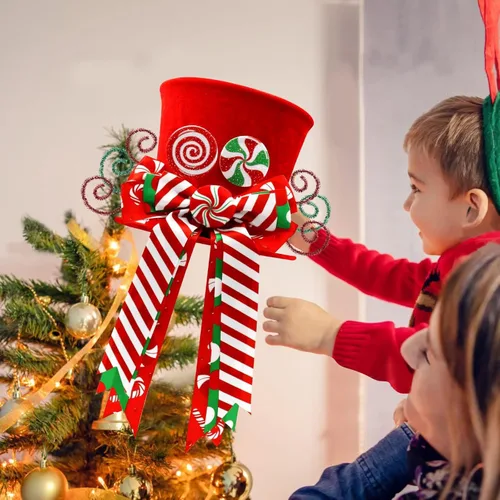 Miniatura 2 de Adorno para la Copa del Árbol de Bastones de Caramelo de Navidad Sombrero Rojo con Lazos de Menta Adorno Piruleta de Invierno Decoración del Hogar