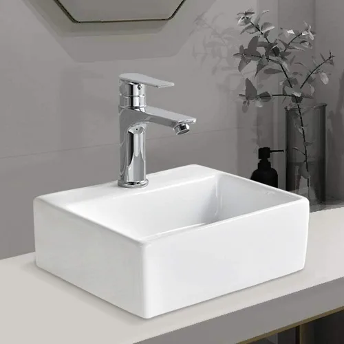 Miniatura 7 de Fregadero de baño de montaje en pared, fregadero de 13.4 x 11.5 pulgadas con soporte para grifo, lavabo rectangular de cerámica de porcelana blanca
