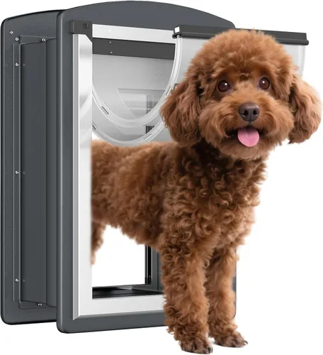 Miniatura 8 de FreeStanding Puerta para perro para pared, marco de acero, puerta grande para perro con túnel telescópico, doble solapa magnética y dos paneles