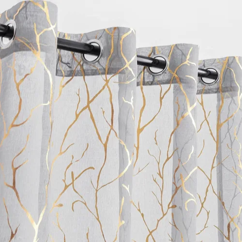 Kotile Cortinas traslúcidas de rama de árbol – Cortinas traslúcidas grises con estampado de rama de árbol en lámina dorada metálica de 63 pulgadas