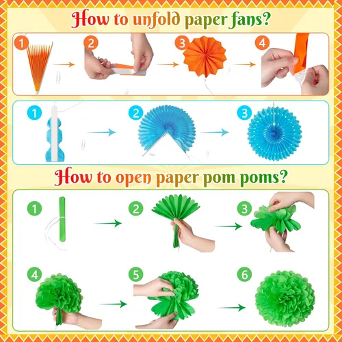 Miniatura 4 de Juego de 35 piezas de decoración para fiesta con abanicos de papel - Pom Poms del Cinco de Mayo, banderines, guirnaldas, pancartas, remolinos