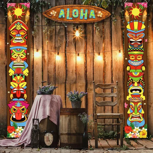 Miniatura 2 de Frienda Decoraciones de fiesta de Tiki hawaiano Luau suministros de decoración de fiesta Tiki Banner Totem Letrero de puerta para Hawai Tropical
