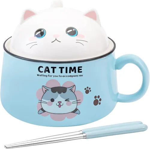 Juego de cuencos para ramen con palillos, lindos cuencos de fideos instantáneos para ramen con diseño de gato lindo con tapa, cuencos de cerámica