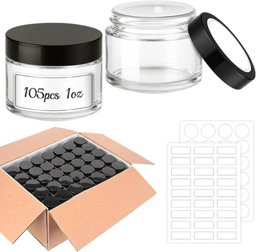 Miniatura 10 de Bumobum - Tarros de vidrio de 1 onza con tapas, paquete de 48 tarros de crema ámbar con tapas negras, etiquetas blancas y negras y revestimientos