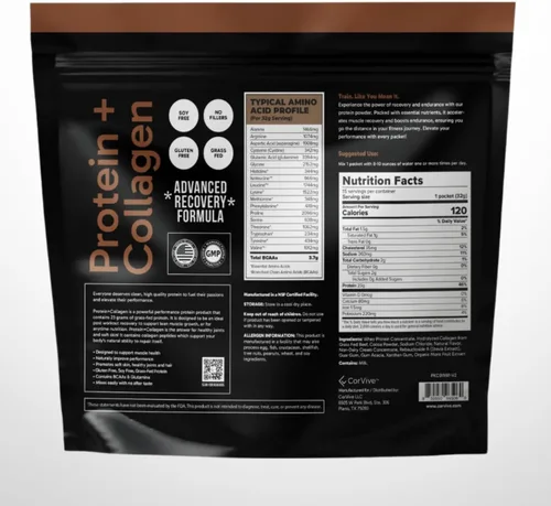 Miniatura 2 de CorVive Proteína + colágeno en polvo 0.81 oz de proteína (suero alimentado con pasto + colágeno) 0.14 oz de BCAA Apoya la salud muscular