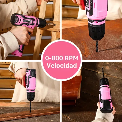 Miniatura 4 de Taladro inalámbrico: juego de taladro eléctrico DEKOPRO de 12 V con taladros eléctricos rosa de 800 RPM con caja de regalo, juego de taladro rosa