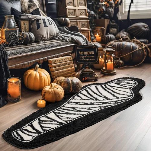 Miniatura 3 de Alfombra de baño de Halloween, decoración de terror en blanco y negro, antideslizante, tapete de baño para baño, dormitorio, bonito corredor