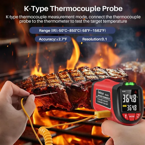 Miniatura 4 de Pistola termómetro infrarroja, temperatura láser Gedaye con puntero IR 13:1, pistola de temperatura de carne con sonda de metal, emisividad Rojo
