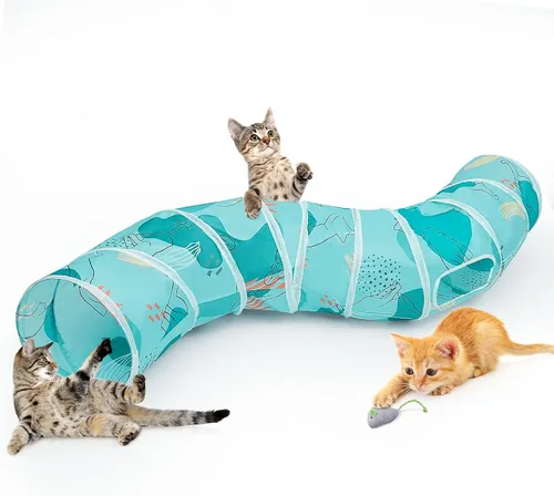 Miniatura 10 de Glittme Túnel para gatos, túneles para gatos de interior, cueva de gatos en forma de S con juguetes para gatos, tubos plegables para gatos y túneles