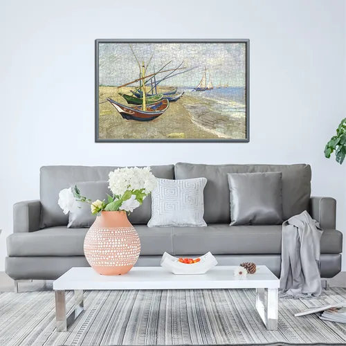 Miniatura 4 de Rompecabezas de madera de 500 piezas para adultos, pinturas famosas de Van Gogh, barcos de pesca en la playa en Les Saintes-Maries-de-la-Mer, Barcos