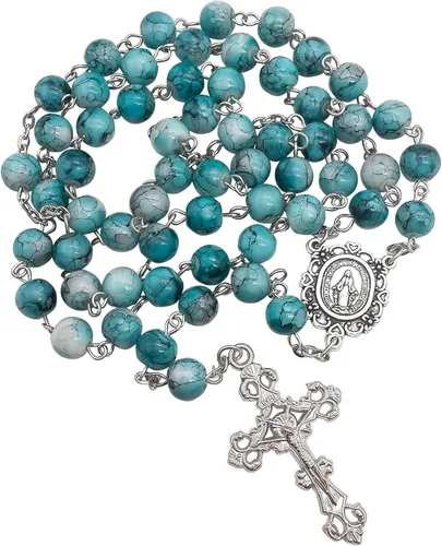 Miniatura 2 de Nazareth Store Rosario de cristal cristalizado turquesa con cuentas de rosario católico con medalla milagrosa y cruz de acero inoxidable Vidrio No