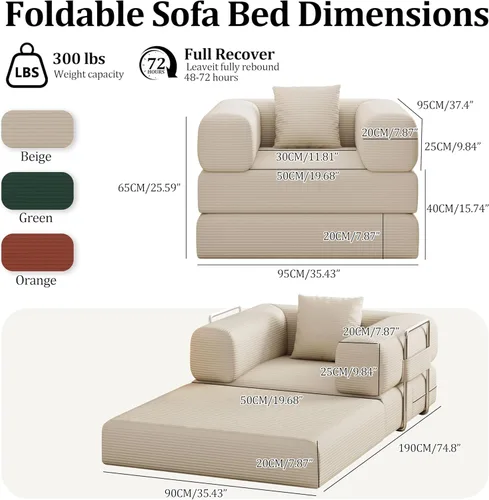 Miniatura 2 de Sofá individual para espacios pequeños, sofá convertible 2 en 1, cómodo puf para adultos con funda extraíble con almohadas para dormitorio, Beige