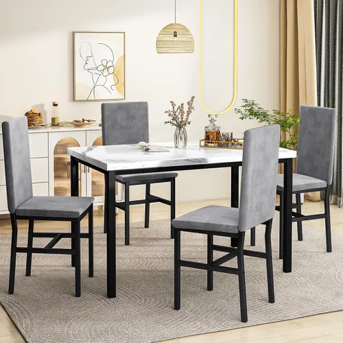 Miniatura 3 de Hooseng Juego de mesa de comedor de 5 piezas para 4 personas con parte superior de mármol sintético y sillas de terciopelo, juego de mesa de cocina
