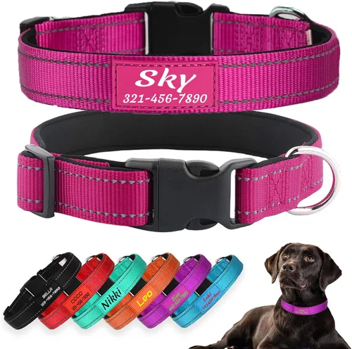 Miniatura 10 de Collares para perros personalizados, nailon reflectante personalizado con nombre de mascota y número de teléfono, ajustable en 5 tamaños y 3