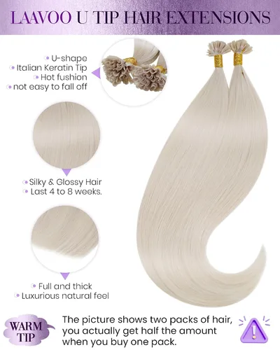 Miniatura 2 de LaaVoo Extensiones de cabello humano con punta en U, color rubio platino, 20 pulgadas, extensiones de cabello humano real, color rubio Remy, 0.04