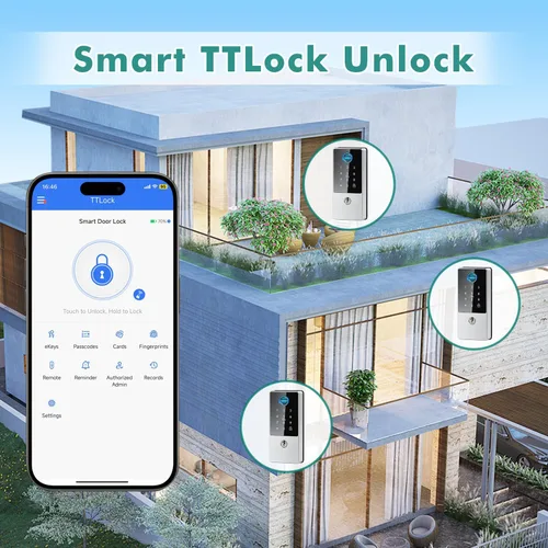 Miniatura 7 de Cerradura inteligente biométrica, cerradura de puerta de entrada sin llave con control de aplicación y generación remota de código, teclado Plateado