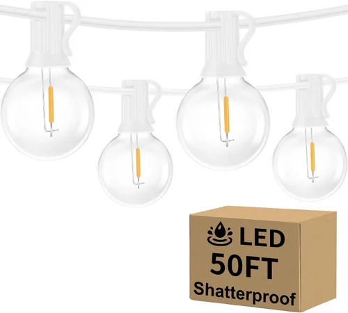 Miniatura 9 de Bosceos Tira de luces LED G40 para exteriores, 25 pies, regulables, inastillables, impermeables, con 12+2 bombillas conectables, luz colgante Blanco