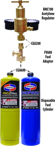 Miniatura 4 de Uniweld Adaptador de Oxy/Combustible FV600 para conectar un regulador MC (CGA200) a un cilindro de combustible desechable (CGA600)