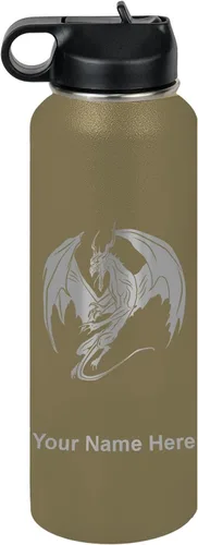 Miniatura 68 de LaserGram Botella de agua con tapa abatible de doble pared de 12 onzas con pajilla, dragón, grabado personalizado incluido (negro)