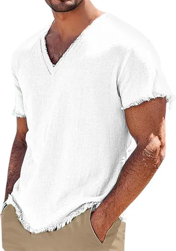 Miniatura 13 de Mens Cotton Linen Short Sleeve Shirts Retro Frayed Casual V-Neck Beach Hippie Tshirts Lightweight Summer Resort Tops