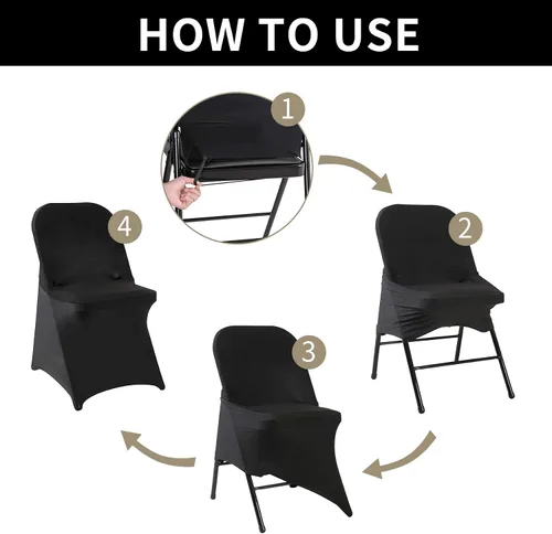 Miniatura 6 de Paquete de 6 fundas para sillas plegables de elastano negro en tela elástica lavable para bodas, fiestas, vacaciones, celebraciones y otros eventos