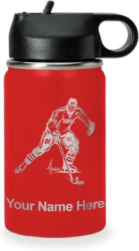 Miniatura 13 de LaserGram Botella de agua personalizada, jugador de hockey, acero inoxidable de doble pared aislada al vacío con popote superior, regalo grabado
