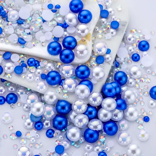 Miniatura 71 de 60g de Perlas Acuamarina Dorada con Diamantes de Imitación para Manualidades Tamaño Mixto 3mm-10mm Color AB Redondas Perlas Medias Planas Conjunto