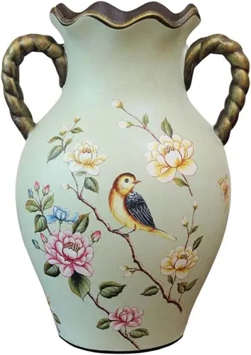 ZHOUXIAO Jarrón moderno con asas de cerámica para decoración del hogar, diseño de pájaro de porcelana china tradicional verde, florero de flores