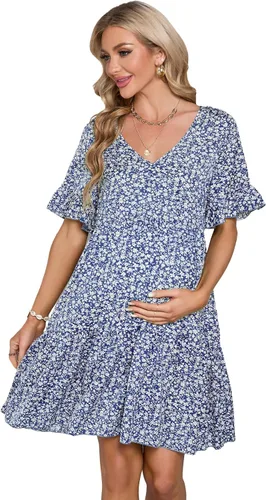 Vestido de maternidad para mujer, vestido casual tipo babydoll con volantes, manga corta, cuello en V, estampado floral, vestido corto tipo túnica