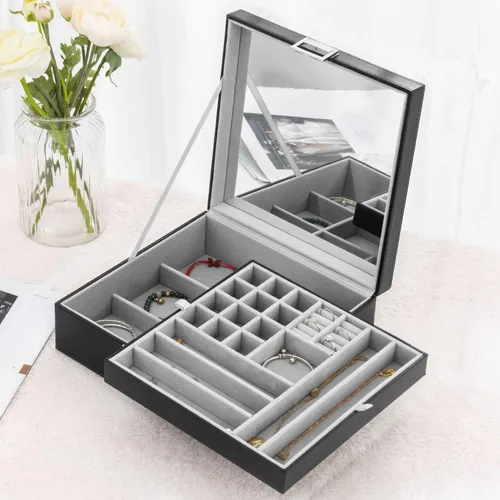 Miniatura 4 de Oyydecor Joyero para regalos de mujeres y niñas organizador de joyas de 2 capas estuche de almacenamiento de joyas de piel sintética con bandeja