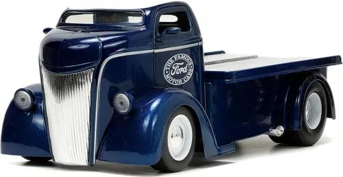 Miniatura 2 de Jada Toys Just Trucks 1:24 1947 Ford COE - Coche de cama plana fundido a presión color azul oscuro/blanco con estante para neumáticos, juguetes