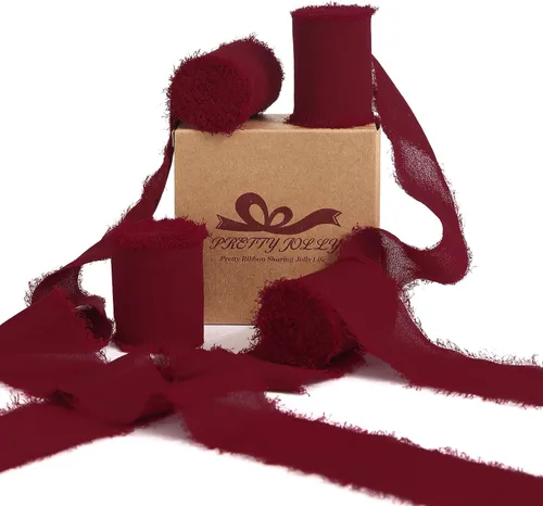 Miniatura 20 de Pretty Jolly Cinta de gasa beige para envolver regalos, 3 rollos de 2 pulgadas x 7 yardas, cinta de tela de seda hecha a mano con flecos para ramo
