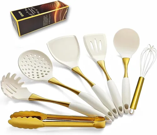 Elegante juego de utensilios de cocina de silicona de oro blanco, no tóxicos, aptos para lavavajillas, con asas cómodas resistentes al calor,