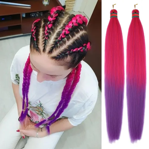 Miniatura 14 de Extensiones de cabello para trenzar verde+verde claro, preestiradas, 2 paquetes, con cabello plumoso pre-trenzado, extensiones de cabello