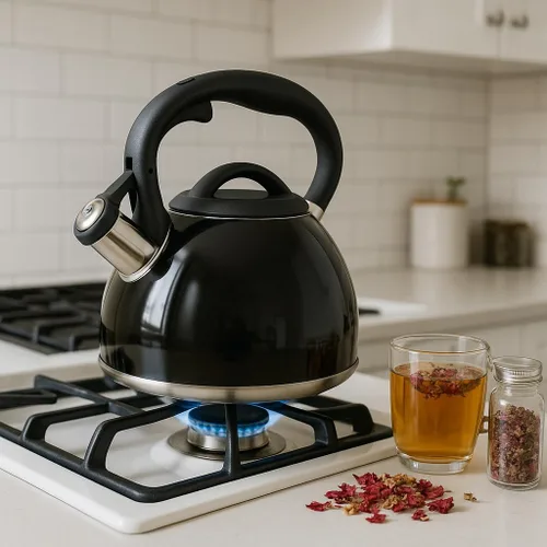 Miniatura 5 de Creative Home Triumph - Hervidor de té silbante de acero inoxidable, 3.5 cuartos de galón, tetera negra Base encapsulada de triple capa, mango