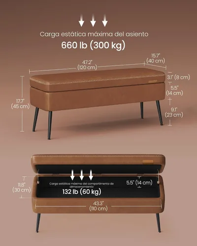Miniatura 3 de VASAGLE EKHO Collection - Banco otomano de almacenamiento, banco de entrada, dormitorio, 15 galones, cuero sintético con costuras, moderno