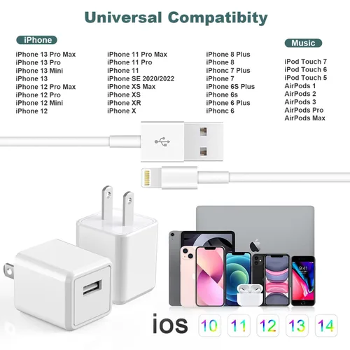 Miniatura 7 de Cargador de iPhone, cargador de viaje para iPhone, paquete de 2 unidades, cable Lightning de 6 pies, cable de carga rápida USB, cargadores de pared